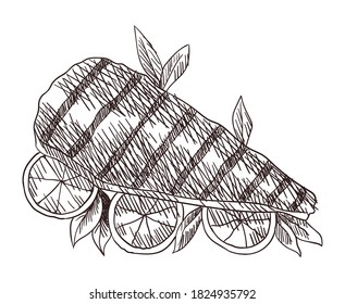Meat top view frame. Engraved design. Fish on lemon prepared to bbq design template. Vintage hand drawn sketch vector illustration. Good nutrition