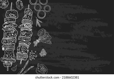 Meat top view frame. Vector illustration in the style of a sketch. Engraved design. Hand drawn illustration. Pieces of meat design template. 
