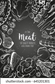 Meat top view frame. Vector illustration. Engraved design. Hand drawn illustration. Meat products design template.
