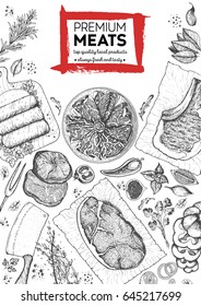 Meat top view frame. Vector illustration. Engraved design. Hand drawn illustration. Meat products design template.