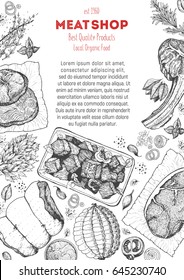 Meat top view frame. Vector illustration. Engraved design. Hand drawn illustration. Meat products design template.