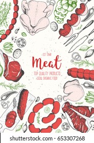 Meat top view frame. Vector illustration. Engraved design. Hand drawn illustration. Meat products design template