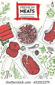Meat top view frame. Vector illustration. Engraved design. Hand drawn illustration. Meat products design template