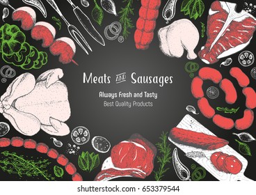 Meat top view frame. Vector illustration. Engraved design. Hand drawn illustration. Meat products design template