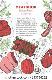 Meat top view frame. Vector illustration. Engraved design. Hand drawn illustration. Meat products design template.