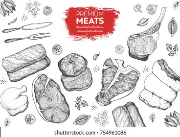 Meat top view frame. Vector illustration. Engraved design. Hand drawn illustration. Pieces of meat design template.