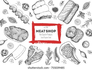 Meat top view frame. Vector illustration. Engraved design. Hand drawn illustration. Pieces of meat design template.