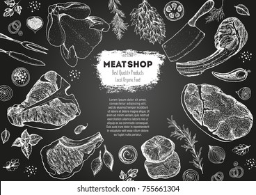 Meat top view frame. Vector illustration. Engraved design. Hand drawn illustration. Pieces of meat design template.