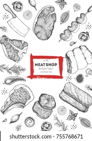 Meat top view frame. Vector illustration. Engraved design. Hand drawn illustration. Pieces of meat design template.