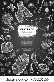 Meat top view frame. Vector illustration. Engraved design. Hand drawn illustration. Pieces of meat design template.