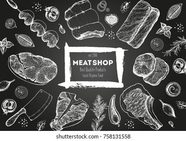 Meat top view frame. Vector illustration. Engraved design. Hand drawn illustration. Pieces of meat design template.