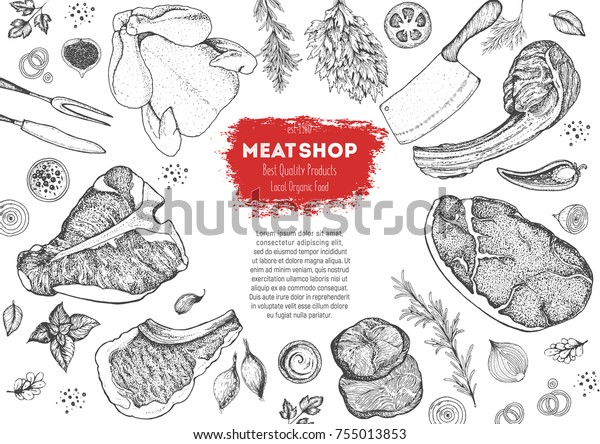 肉の上面ビューフレーム ベクターイラスト 彫刻デザイン 手描きのイラスト 肉のデザインテンプレート のベクター画像素材 ロイヤリティフリー