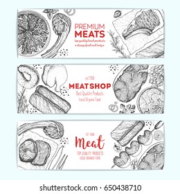 Meat top view, horizontal banner collection. Vector illustration set. Engraved design. Hand drawn illustration. Meat products design template.