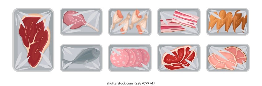 Meat Trays Keeping Food Frozen in Polyethylene Whole Package Vector Set