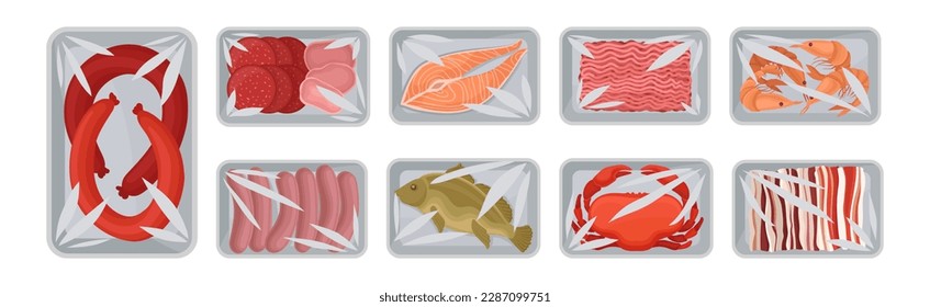 Meat Trays Keeping Food Frozen in Polyethylene Whole Package Vector Set