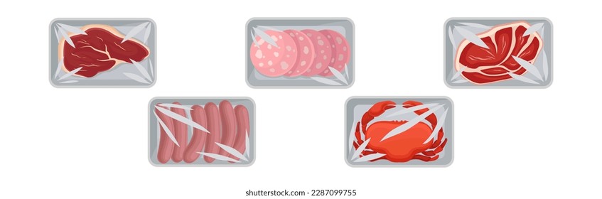 Meat Trays Keeping Food Frozen in Polyethylene Whole Package Vector Set