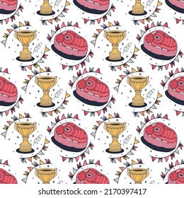 Meat and Trophy cup. Seamless pattern on a white background. Cute vector illustration.