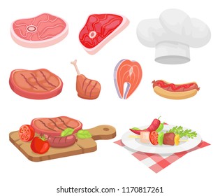 Meat types beef and chicken isolated icons vector. Chef hat and board with served food. Roasted pork salmon with vegetables tomatoes and red pepper