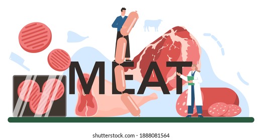 Meat typographic header. Butcher or meatman factory. Fresh meat and semi-finished products producing. Isolated vector illustration