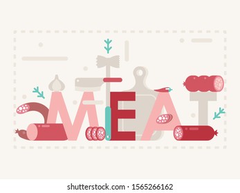 Meat typography poster, vector illustration. Butcher shop banner in flat style, different kinds of sausages and fresh meat products. Food store graphic header, modern package decoration print