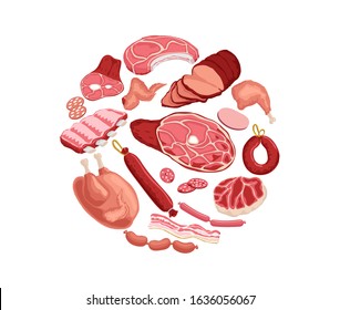 Meat. Vector chicken, sausages, bacon, salami, sausage and fresh meat isolated on white background. Illustration of meat food, wurst and salami, barbecue steak. Round banner.