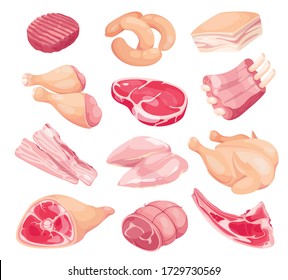 Meat vector icon set. Fresh meat products isolated icons collection. Gastronomic products in cartoon style.