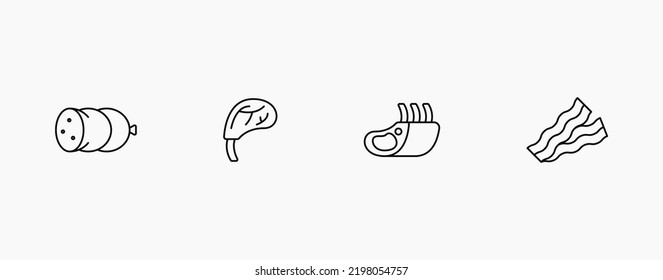 Meat vector icon set. Sassage, meat tenderloin, ribs, and bacon black line vector icon set