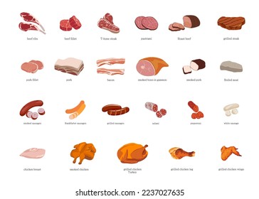 Meat Vector Illustration Set.  Beef, pork and chicken meat.