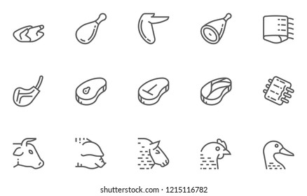 Meat Vector Line Icons Set. Pork, Beef, Goose, Chicken, Duck, Lamb, Steak, Spare Ribs. Editable Stroke. 48x48 Pixel Perfect.