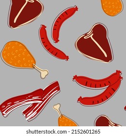 Meat vector pattern. Roast chicken, beef steak, grilled sausages, bacon. BBQ. Grey back. Food menu design.
