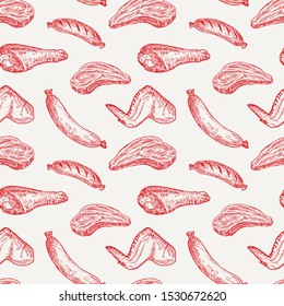 Meat Vector Seamless Background Pattern. Hand Drawn Steak, Sausages, Chicken Leg and Wing Sketches. Food Card, Wrapping, Wallpaper or Cover Template.