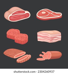 Meat vector set collection. Meat illustration bundle. Cartoon raw meat. Bacon, steak and beef minced meat. Rack of ribs, chicken breast and pork loin vector set. Chicken and beef for barbecue