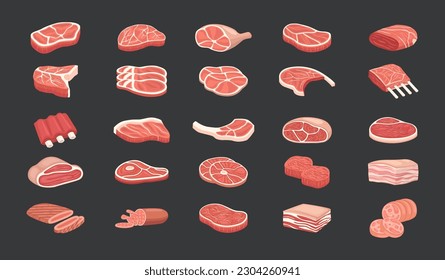 Fleischvektorsatz-Sammlung. Fleischgrafik-Bundle. Kartoonrohfleisch. Bacon, Steak und Hackfleisch/Faschiertes. Rack von Rippen, Hühnerbrust und Schweinelende, Vektorset. Hühner und Rindfleisch zum Grillen