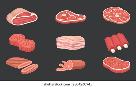 Meat vector set collection. Meat illustration bundle. Cartoon raw meat. Bacon, steak and beef minced meat. Rack of ribs, chicken breast and pork loin vector set. Chicken and beef for barbecue