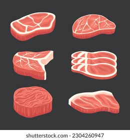 Meat vector set collection. Meat illustration bundle. Cartoon raw meat. Bacon, steak and beef minced meat. Rack of ribs, chicken breast and pork loin vector set. Chicken and beef for barbecue