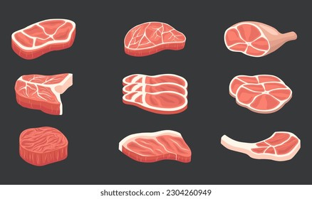 Fleischvektorsatz-Sammlung. Fleischgrafik-Bundle. Kartoonrohfleisch. Bacon, Steak und Hackfleisch/Faschiertes. Rack von Rippen, Hühnerbrust und Schweinelende, Vektorset. Hühner und Rindfleisch zum Grillen