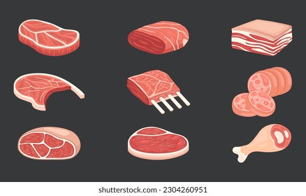 Meat vector set collection. Meat illustration bundle. Cartoon raw meat. Bacon, steak and beef minced meat. Rack of ribs, chicken breast and pork loin vector set. Chicken and beef for barbecue