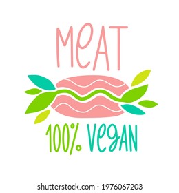 Meat vegan 100 percent, vector icon. Plant based cutlet. Green leaves instead of minced meat. Vegan product made from legumes. Created like meat.