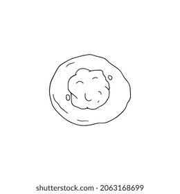 Meat or vegetable filling lies on circle of raw dough for making dumplings in ink sketch vector illustration isolated on white. Top view at an angle. Process of making national russian dish pelmeni