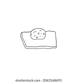 Carne o verdura sobre masa rectangular electrificada en la ilustración vectorial de boceto de tinta aislada sobre fondo blanco. Proceso de elaboración de bolas caseras para la receta