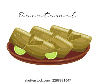 Meat with vegetables in banana leaves, Nacatamal, Latin American cuisine. National cuisine of Nicaragua. Food illustration, vector	
