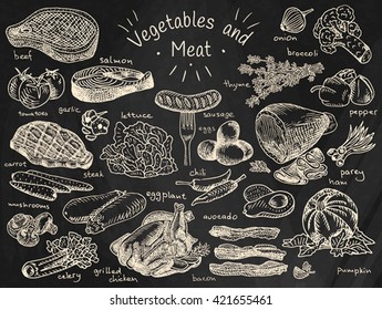 Meat, vegetables, beef, cabbage, garlic, lettuce, salmon, radish, carrot, celery, chicken, bacon, avocado, eggplant, cucumber, sausage, corn, onion, broccoli, pepper, chili, potato, tomato