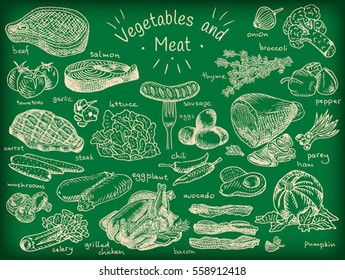 Meat, vegetables, beef, cabbage, garlic, lettuce, salmon, radish, carrot, celery, chicken, bacon, avocado, eggplant, cucumber, sausage, corn, onion, broccoli, pepper, chili, potato, tomato