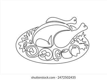 Plato de carne con verduras. Ensalada de pollo o pavo y verduras. Un dibujo de línea continua. Comida en un restaurante.  Fondo blanco aislado de One Line Art.