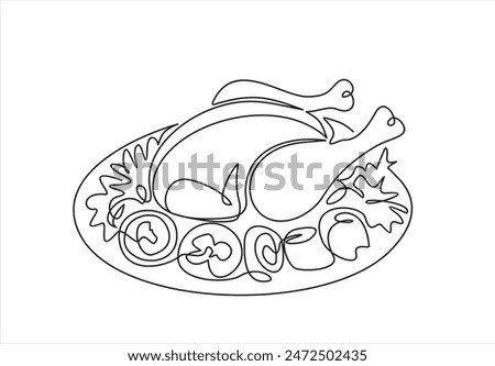 Meat with vegetables dish. Chicken or turkey and vegetable salad. One continuous line drawing. Food in a restaurant.  One Line Art isolated white background.