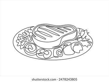 Fleisch mit Gemüse Gericht. Fleisch Kalbfleisch, Schwein, Rindfleisch, Kalbfleisch Steak Grill und Gemüsesalat. Eine durchgehende Linienzeichnung. Essen in einem Restaurant.  One Line Art isolierter weißer Hintergrund.