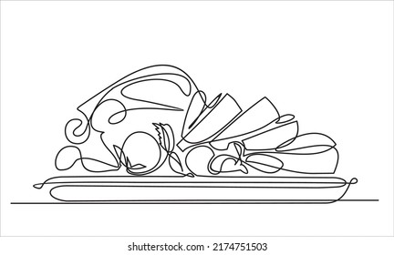 Meat with vegetables dish. Vegetable salad. One continuous line drawing. Food in a restaurant.  One Line Art isolated white background.