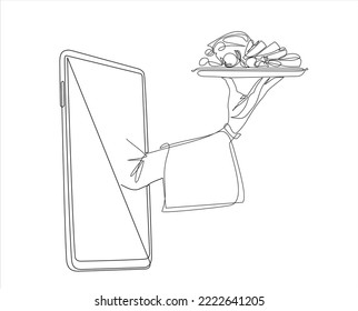 meat with vegetables dish. Vegetable salad.One continuous line drawing of hand waiter carries food on a tray on screen smartphone. Food delivery. A hand holds a tray. Line Art 
