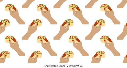 Meat and vegetables filled Taco in Female hands Seamless Pattern Mexican cuisine Background concept