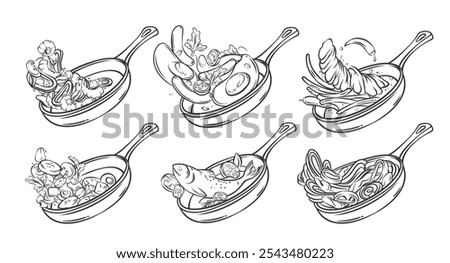 Meat, vegetables and fish add to frying pan line icons set. Outline falling food ingredients on kitchen skillet to cook and fry. Cooking mascot, hand drawn pans with dishes vector illustration